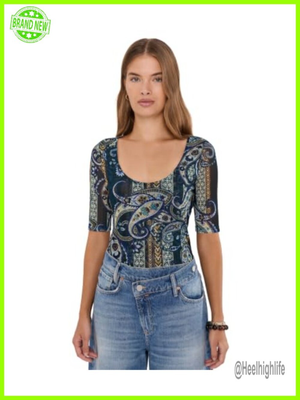 Johnny Was Elbow Sleeve Scoop Neck Mesh Tee Paisley Classic Fit
